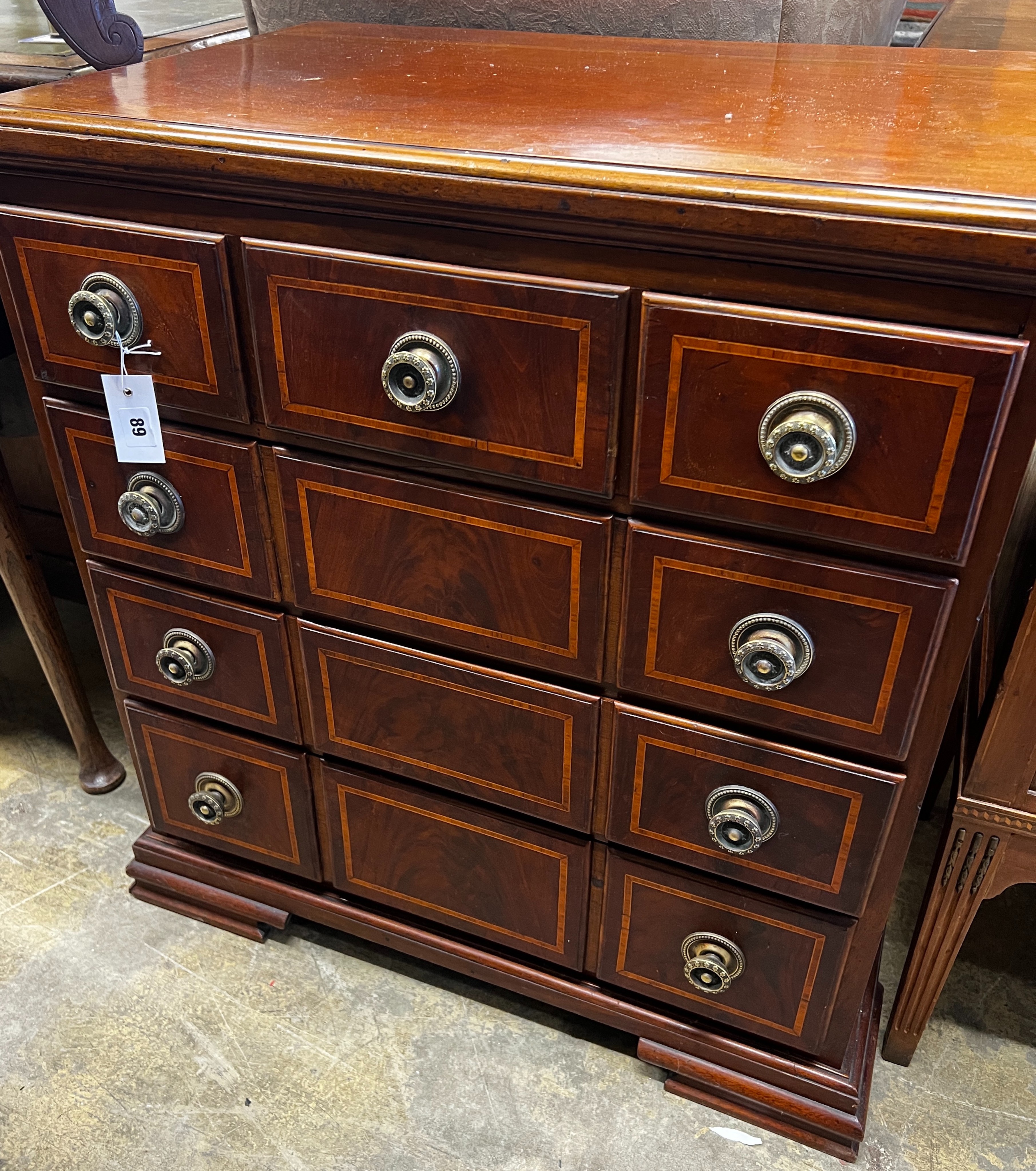 A small George III style satinwood banded mahogany six drawer chest, width 73cm, depth 47cm, height 80cm